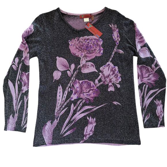 NWT Vtg Elegant Sequins Floral Shimmering Black & Purple Violet Long Sleeve Top - Picture 1 of 10